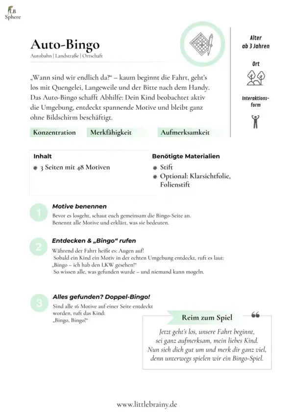 Anleitung zum Spiel Auto Bingo PDF Vorlage zum ausdrucken
