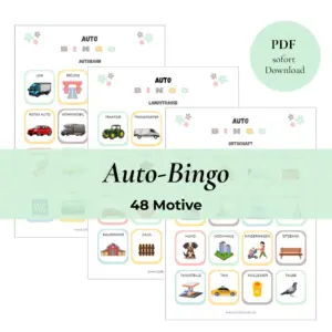 Auto Bingo PDF Vorlage zum ausdrucken mit 48 Motiven. 3 Seiten als Vorschau