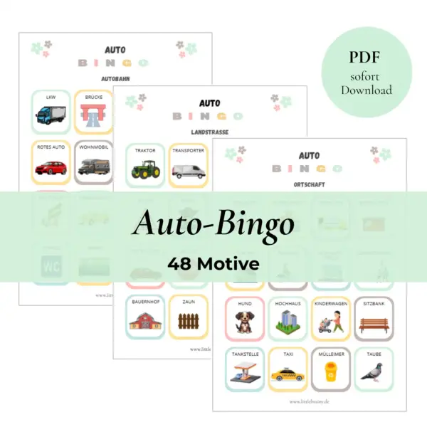 Auto Bingo PDF Vorlage zum ausdrucken mit 48 Motiven. 3 Seiten als Vorschau