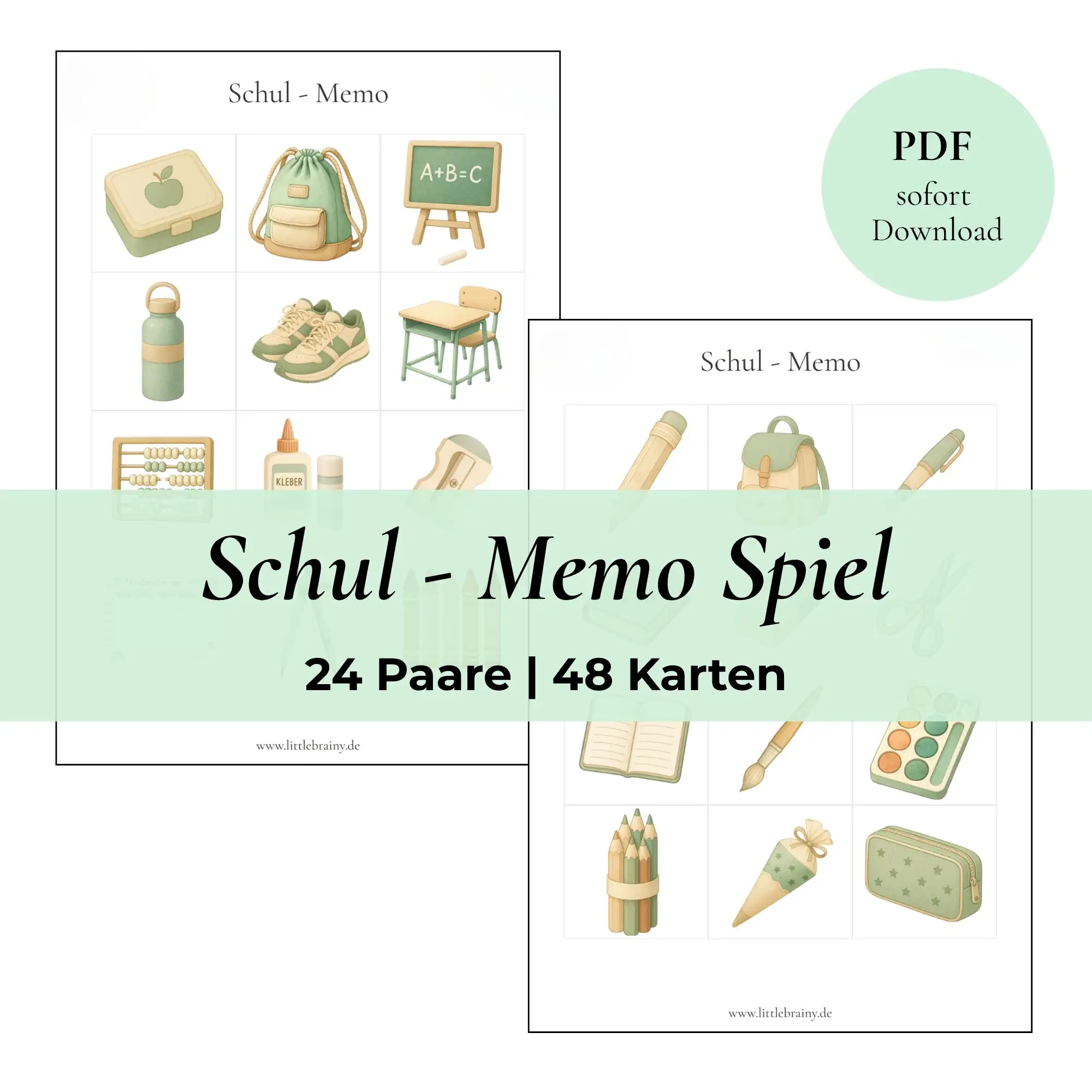 Schul-Memo Spiel Vorlage. Motive aus dem Schulalltag. Motive in harmonischen grün Tönen.