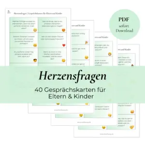 Vorlage von Gesprächskarten für Eltern und Kinder. Fragen auf hellgrünem Hintergrund. Passende Smileys auf jedem Kärtchen