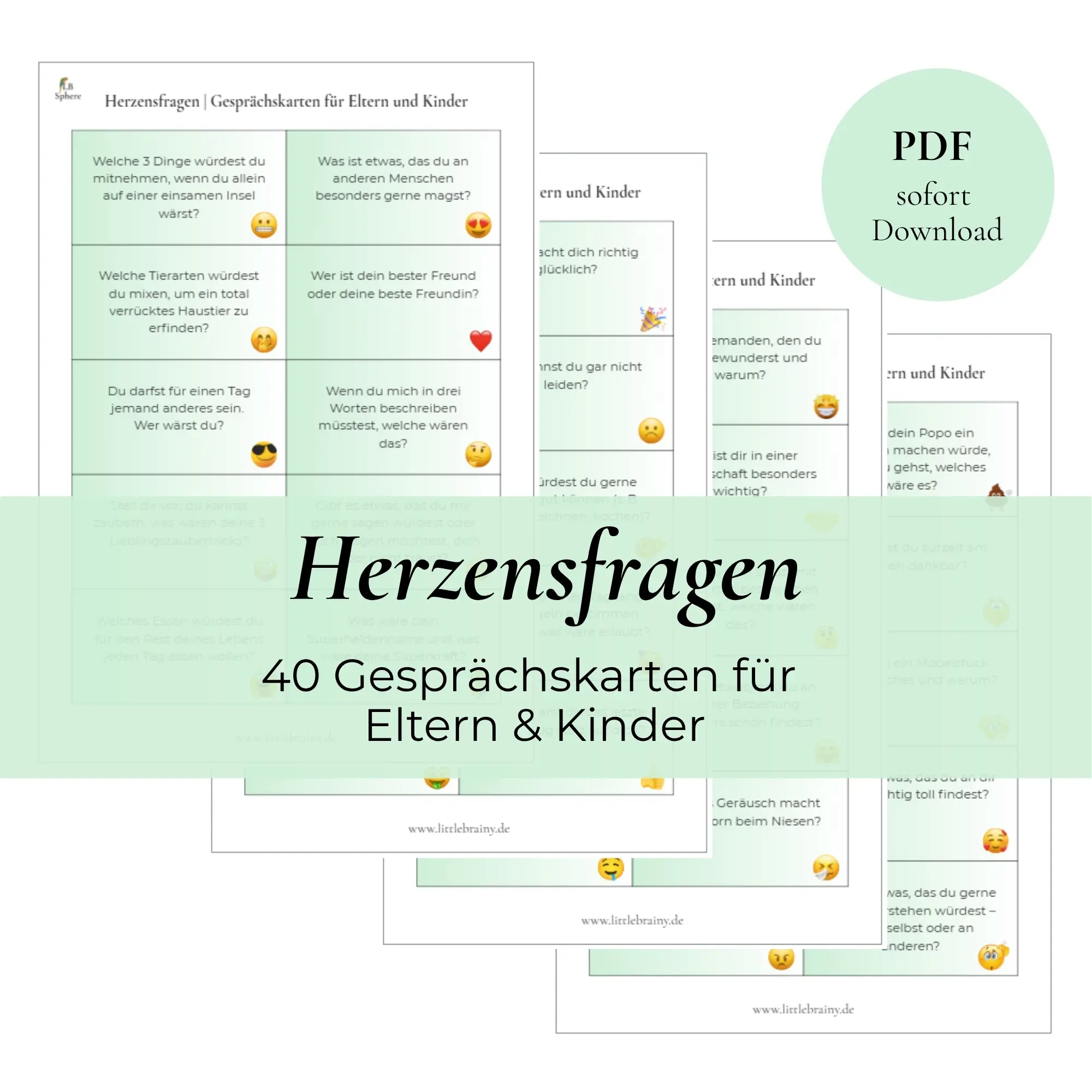Vorlage von Gesprächskarten für Eltern und Kinder. Fragen auf hellgrünem Hintergrund. Passende Smileys auf jedem Kärtchen