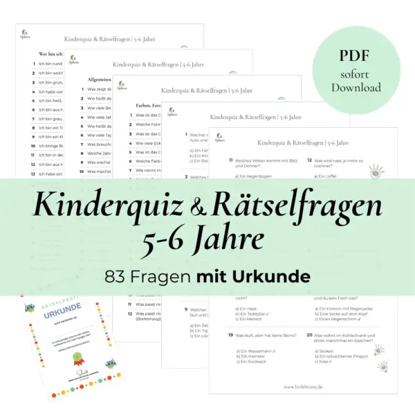 Kinderquiz & Rätselfragen mit Urkunde für Kinder zwischen 5 und 6 Jahre. 83 Fragen.