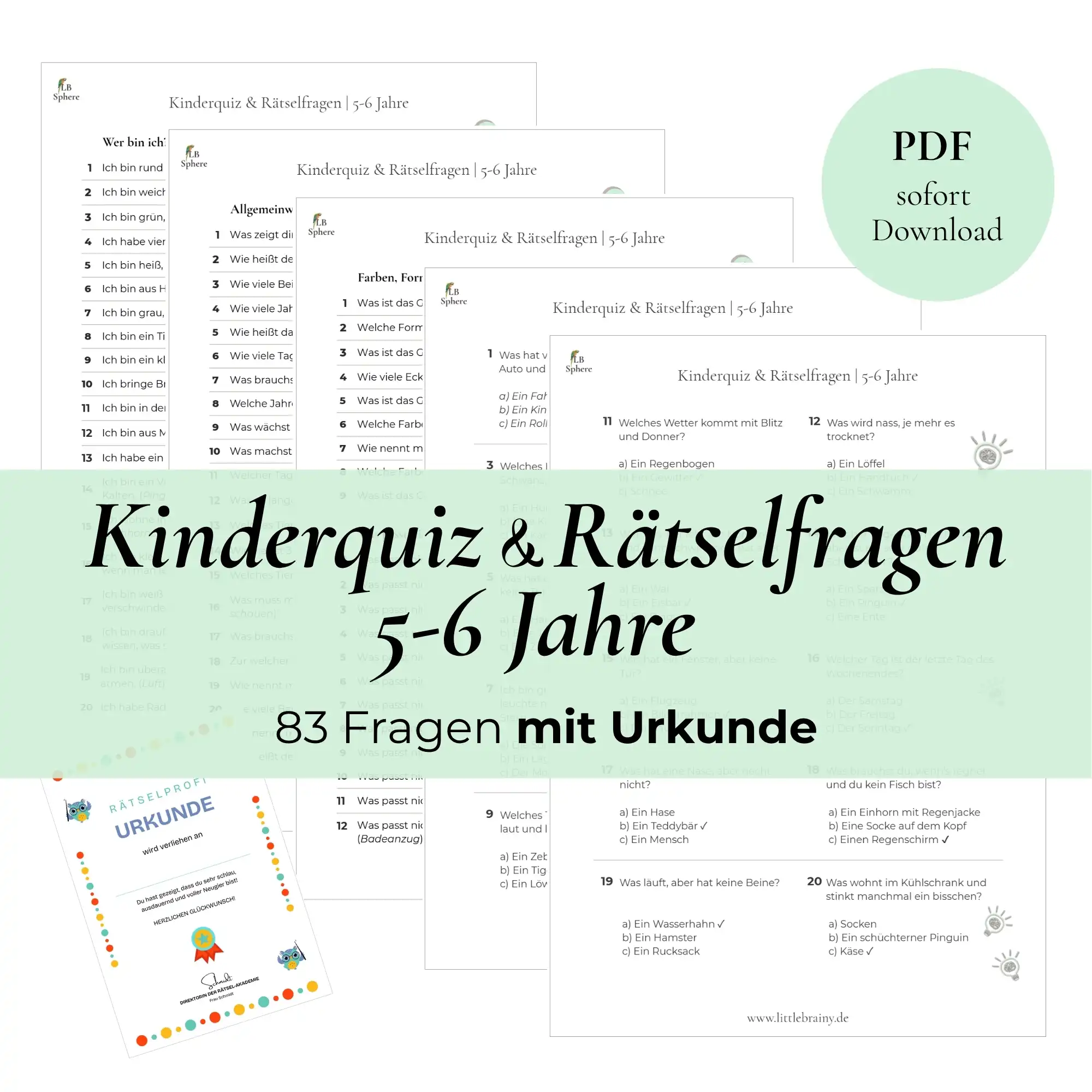 Kinderquiz & Rätselfragen mit Urkunde für Kinder zwischen 5 und 6 Jahre. 83 Fragen.