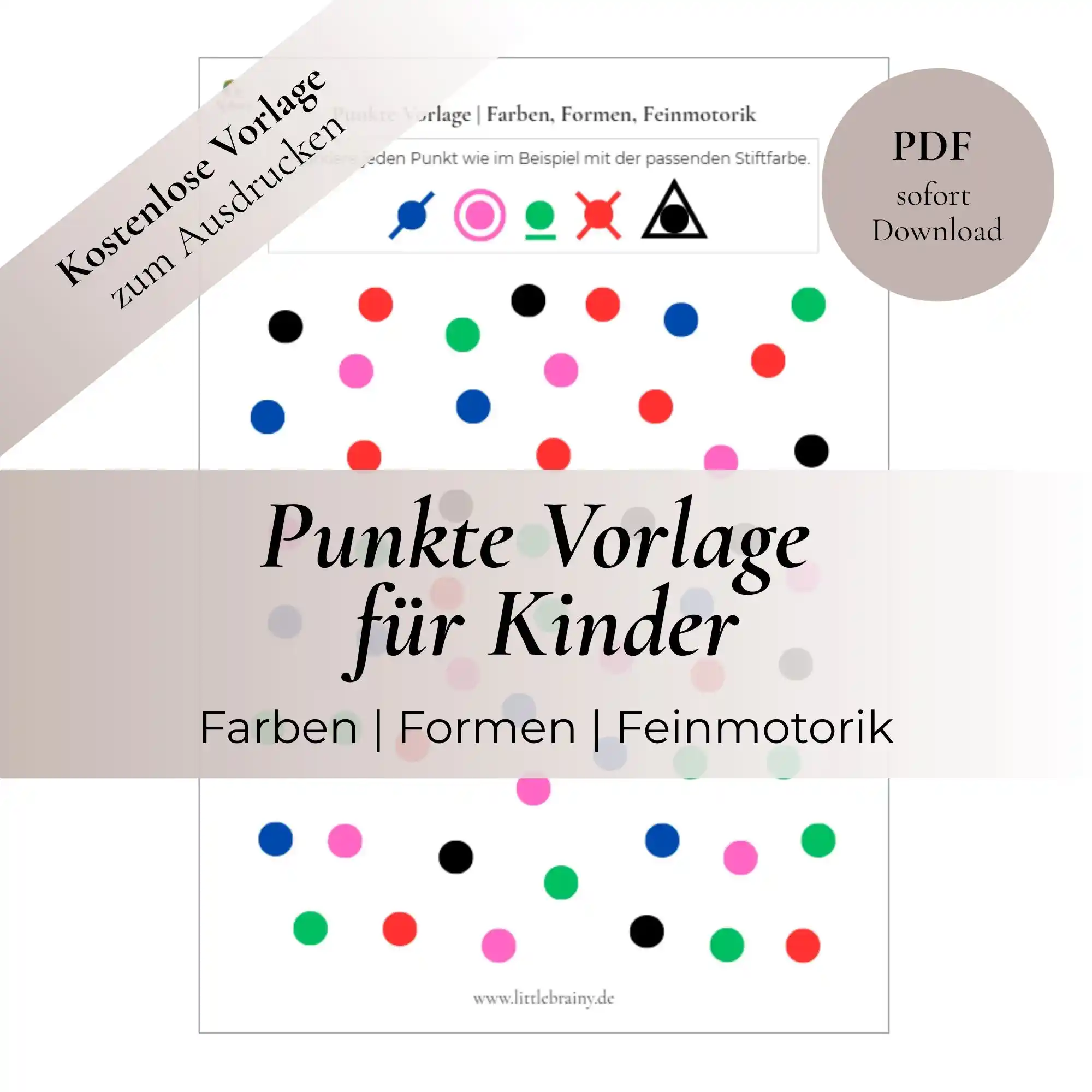 Kostenlose Punkte Vorlage für Kinder zum Ausdrucken. Verschiedenfarbige Punkte müssen unterschiedlich markiert werden. Also Durchgestrichen, umkreist, unterstrichen oder mit einem Dreieck