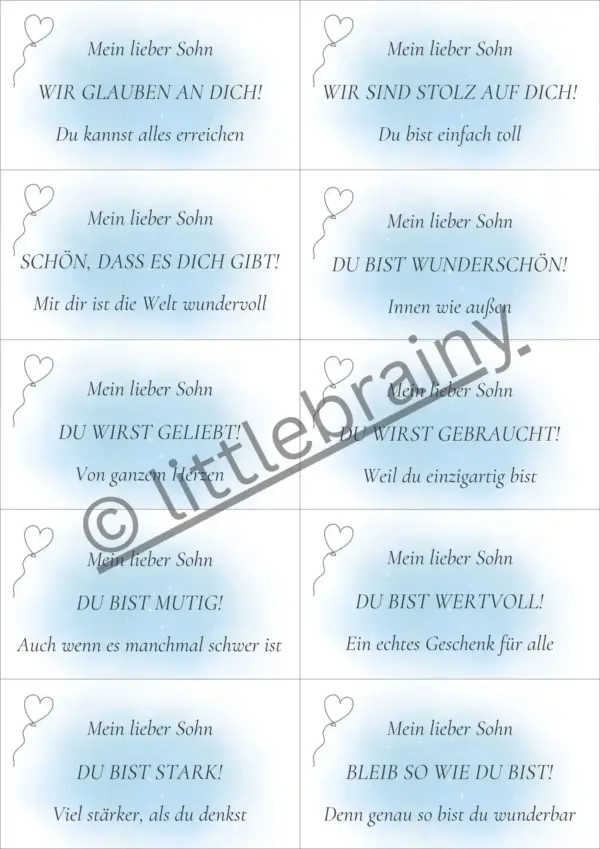 10 Luftballonkärtchen zum ausschneiden für Söhne. Liebevolle Sprüche auf einem sanften hellblauen Hintergrund