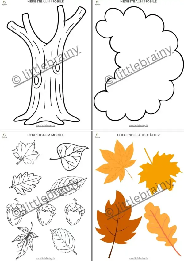 Produktvorschaubild vom Baumstamm, Baumkrone, Blätter und Eicheln zum Ausmalen und Herbstblätter aus dem Bastelset Herbst