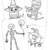 4 Ausmalbilder Vorschau, Eule, Mumie, Skelett, Hexe