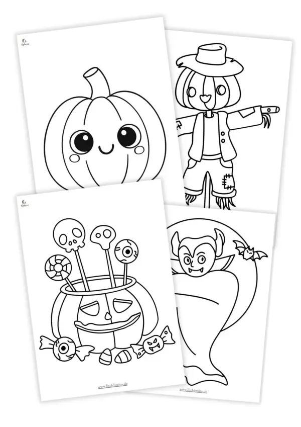 4 Ausmalbilder Vorschau, Halloweenkürbis, Vogelscheuche, KürbisTopf, und Dracula