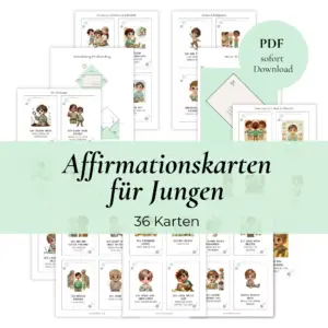 1 Produktbild mit allen Affirmationskarten abgebildet auf einer Seite für Jungen