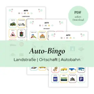 Autobingo Produkt Vorschaubild. 3 PDF mit bunten Bildern die man während der Autofahrt auf der Straße sieht