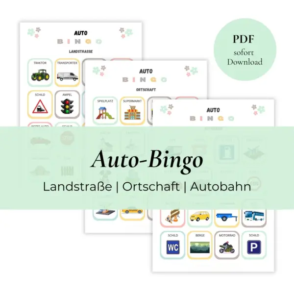Autobingo Produkt Vorschaubild. 3 PDF mit bunten Bildern die man während der Autofahrt auf der Straße sieht