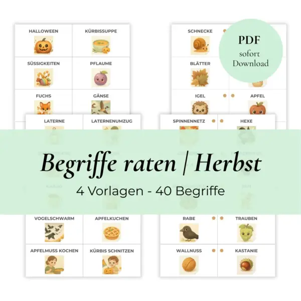 Artikelbild Vorschau aller im Paket enthaltenen PDF Vorlagen zum Ausdrucken für das Spiel Begriffe raten - Herbst