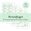 Vorlage von Gesprächskarten für Eltern und Kinder. Fragen auf hellgrünem Hintergrund. Passende Smileys auf jedem Kärtchen