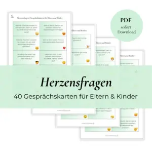 Vorlage von Gesprächskarten für Eltern und Kinder. Fragen auf hellgrünem Hintergrund. Passende Smileys auf jedem Kärtchen