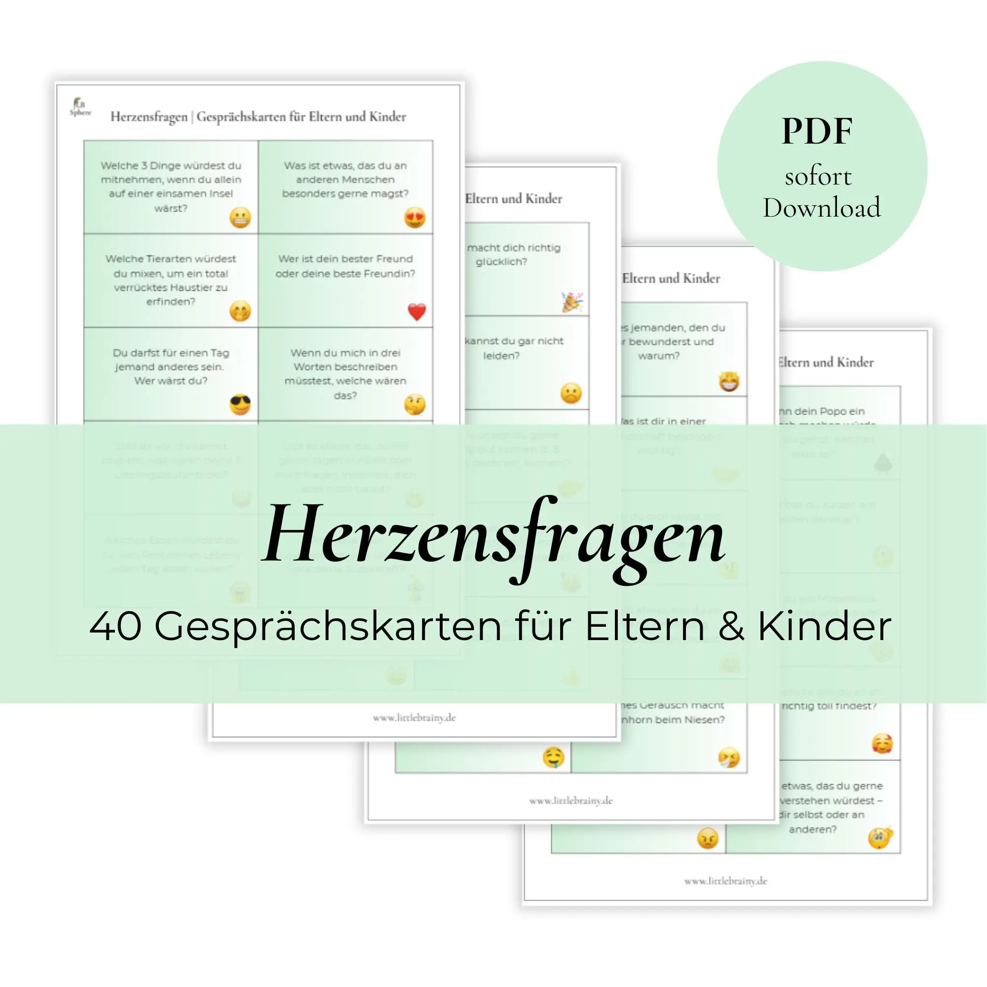 Vorlage von Gesprächskarten für Eltern und Kinder. Fragen auf hellgrünem Hintergrund. Passende Smileys auf jedem Kärtchen