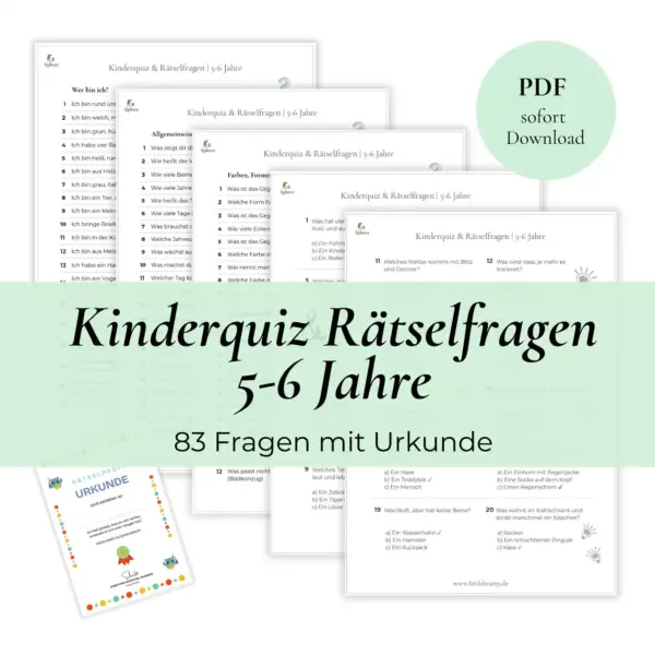Kinderquiz & Rätselfragen mit Urkunde für Kinder zwischen 5 und 6 Jahre. 83 Fragen.
