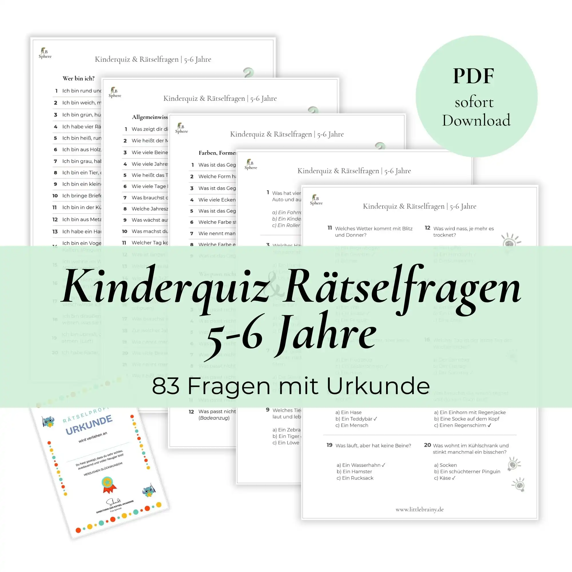 Kinderquiz & Rätselfragen mit Urkunde für Kinder zwischen 5 und 6 Jahre. 83 Fragen.