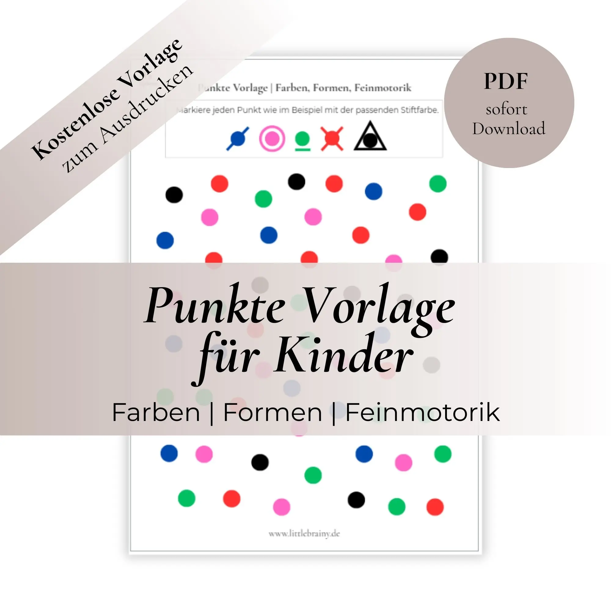 Kostenlose Punkte Vorlage für Kinder zum Ausdrucken. Verschiedenfarbige Punkte müssen unterschiedlich markiert werden. Also Durchgestrichen, umkreist, unterstrichen oder mit einem Dreieck