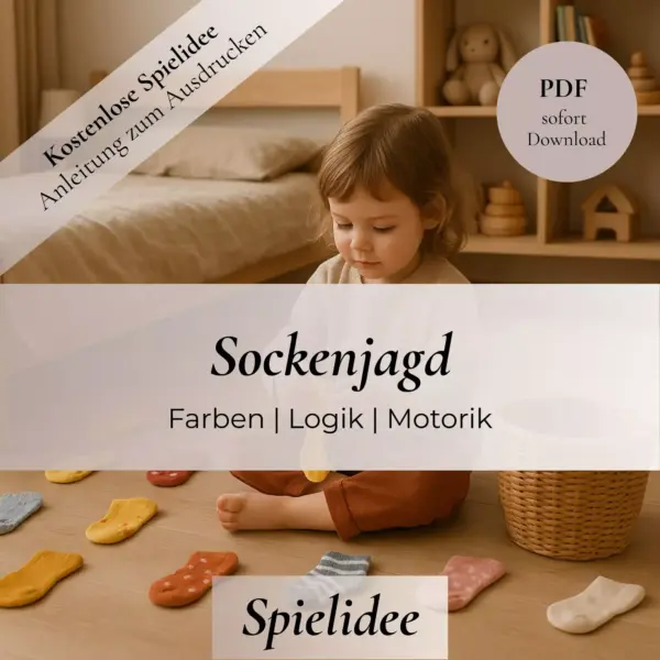 Kleines Kind mit kurzen braunen Haaren sitzt auf dem Boden und sortiert socken neben einem geflochtenen Korb. Bild dienst als Beispiel für die kostenlose Spielanleitung zum herunterladen als PDF