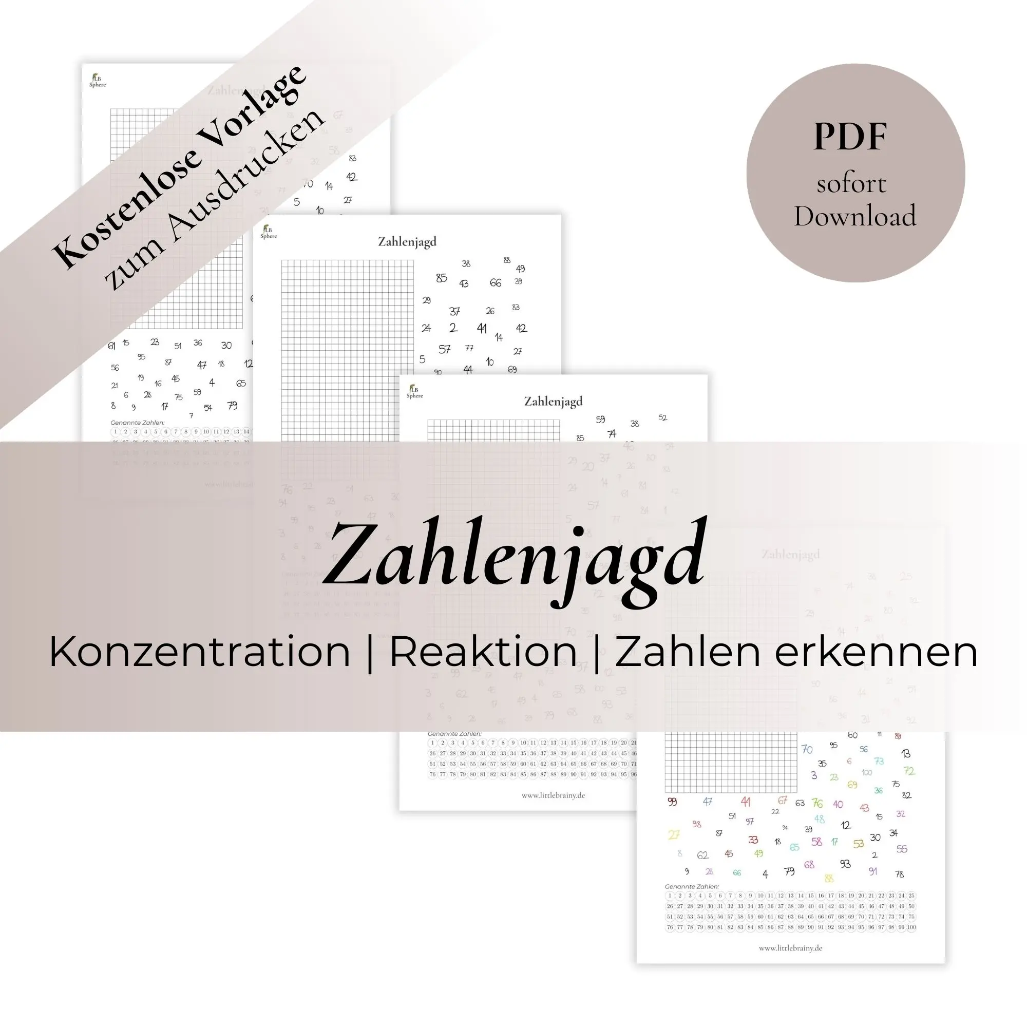 4 Produktbilder der PDF Vorlage aus dem kostenlosen Spiel Zahlenjagd