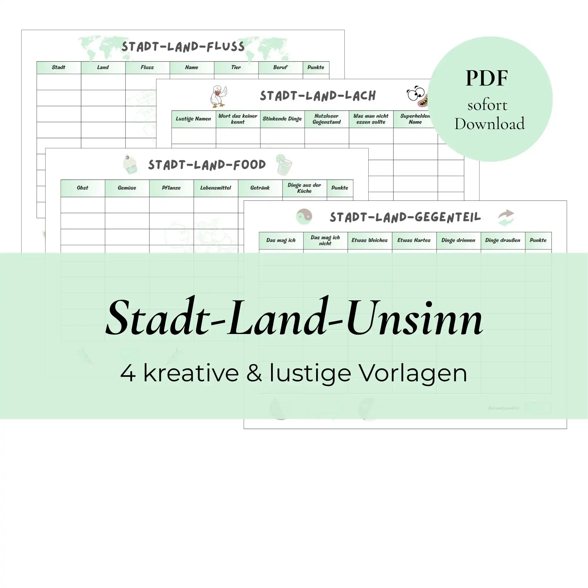Stadt Land Unsinn. Vier kreative und lustige PDF Vorlagen zum Ausdrucken