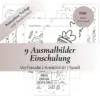 Vorschau Bild mit allen Ausmalbildern und brauner Banderole mit Produktbeschreibung der 9 Ausmalbilder zum Thema Einschulung