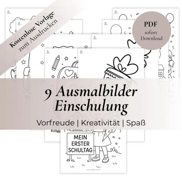 Vorschau Bild mit allen Ausmalbildern und brauner Banderole mit Produktbeschreibung der 9 Ausmalbilder zum Thema Einschulung