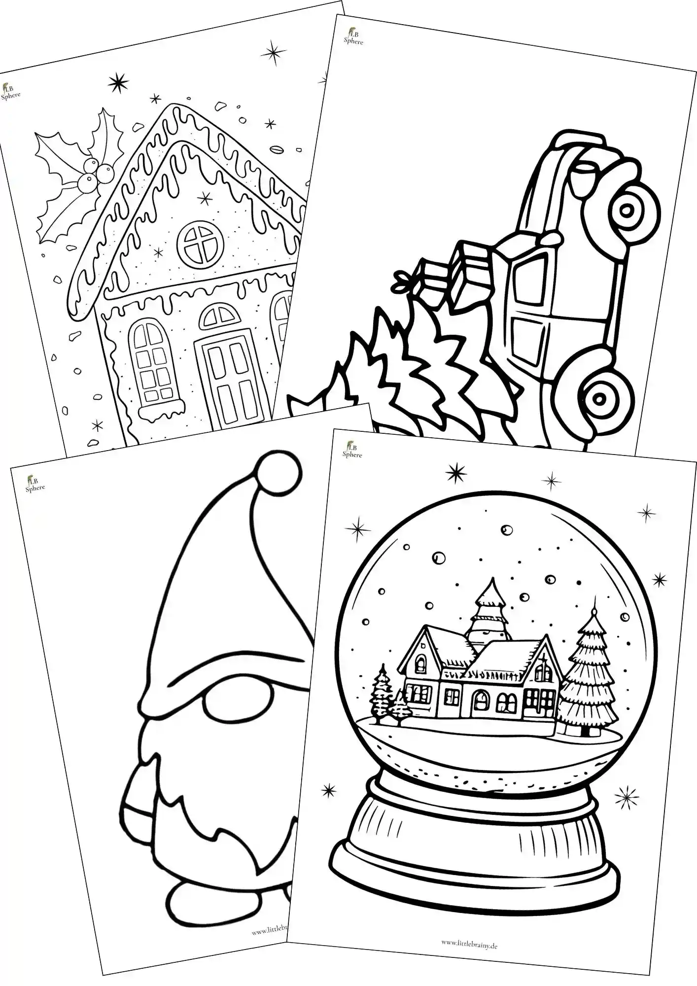 Vorschaubild 4 Ausmalbilder schneekugel, wichtel, Tannenbaum auf dem Auto, Zuckerhaus