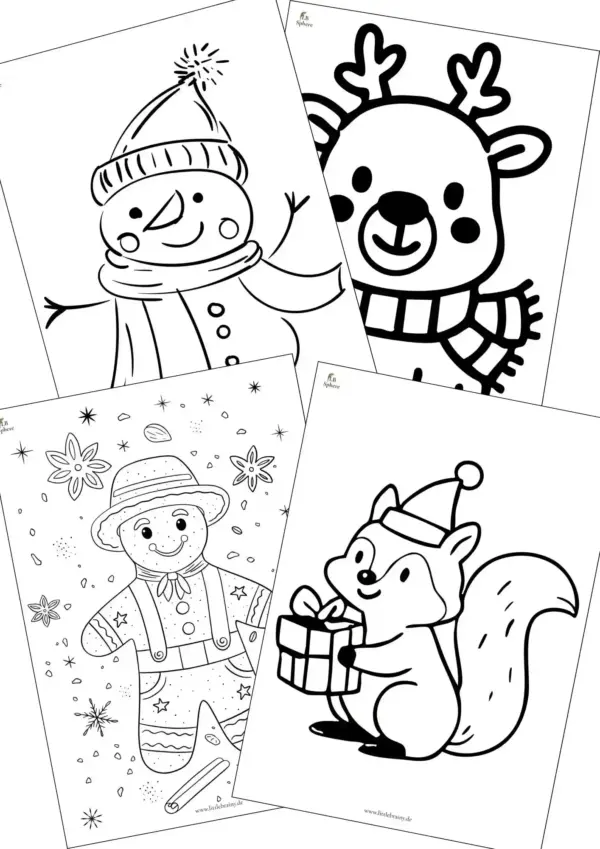 Vorschaubild 4 Ausmalbilder Weihnachten. Rentier, schneemann, lebkuchenmann, fuchs mit Geschenk