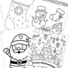 Vorschaubild 4 Ausmalbilder Weihnachten. Weihnachtsstrumpf, frohe weihnachten, weihnachtsmann, Tannenbaum und kugeln mit frohe weihnachten schleife