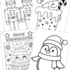 Vorschaubild 4 Ausmalbilder Weihnachten, pinguin, soldaten nussknacker, Pinguin mit sternen und frohe Weihnachten Schrift, schmelzender schneemann im Becher