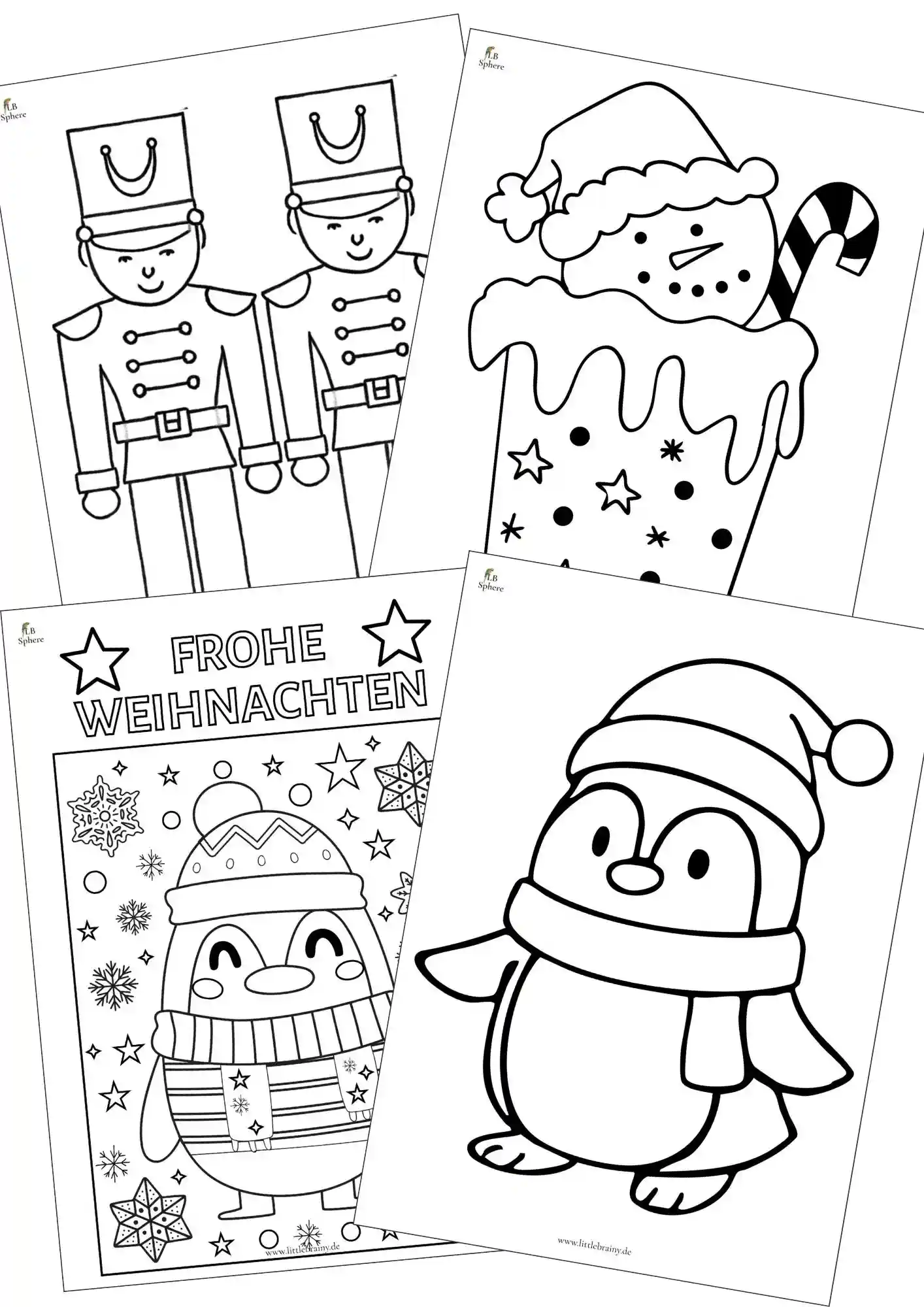 Vorschaubild 4 Ausmalbilder Weihnachten, pinguin, soldaten nussknacker, Pinguin mit sternen und frohe Weihnachten Schrift, schmelzender schneemann im Becher