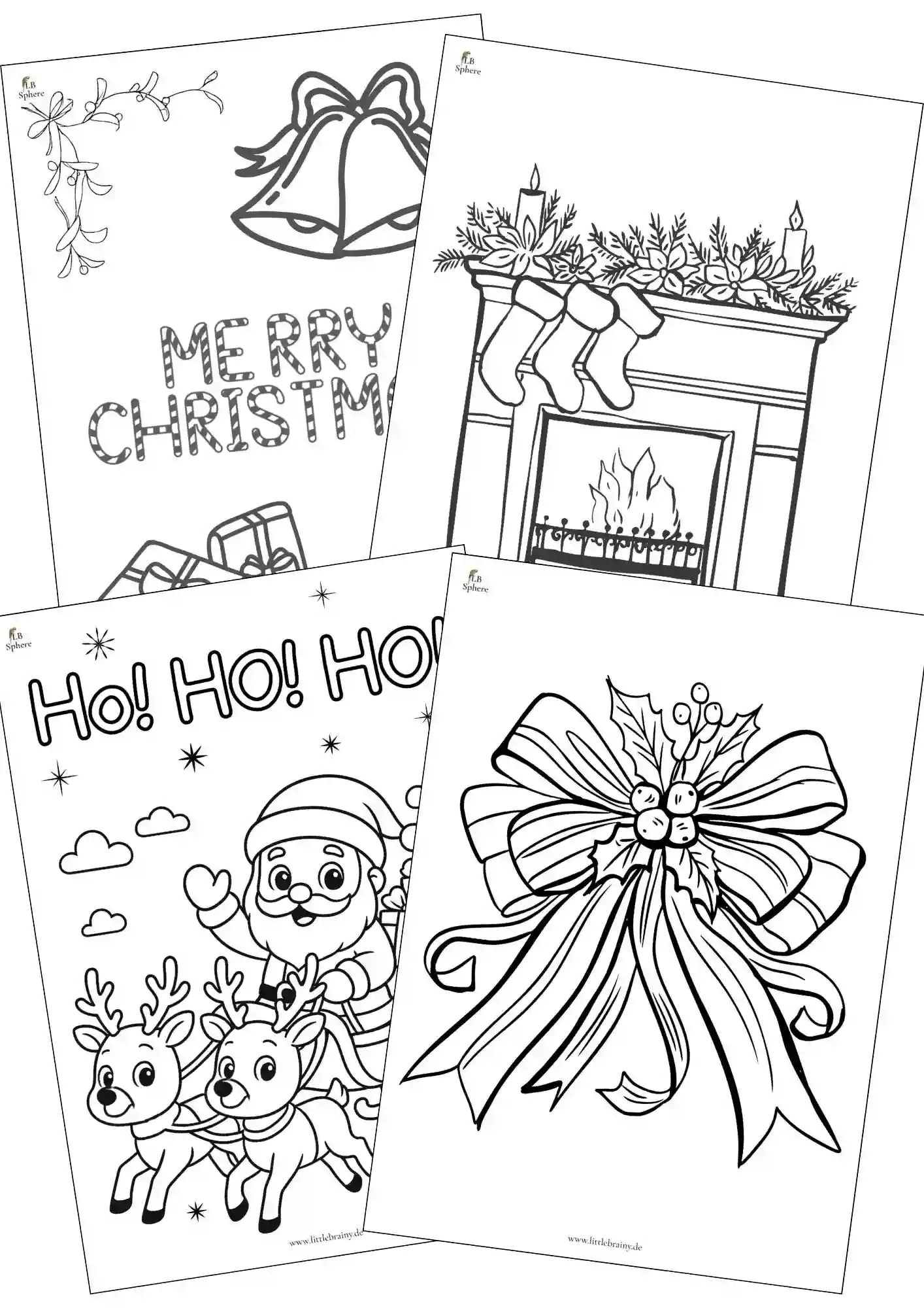 4-vorschaubiler-ausmalbilder-hohoho, schleife, merry christmas schrift mit glocken