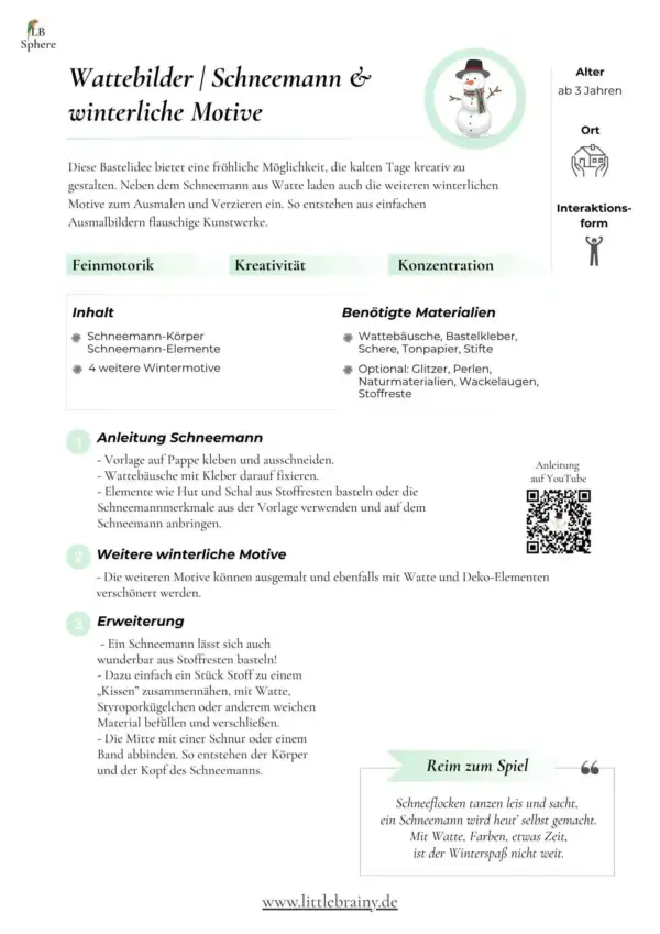 Anleitung für die Kinderbeschäftigung Schneemann und winterliche Ausmalbilder gestalten mit Watte
