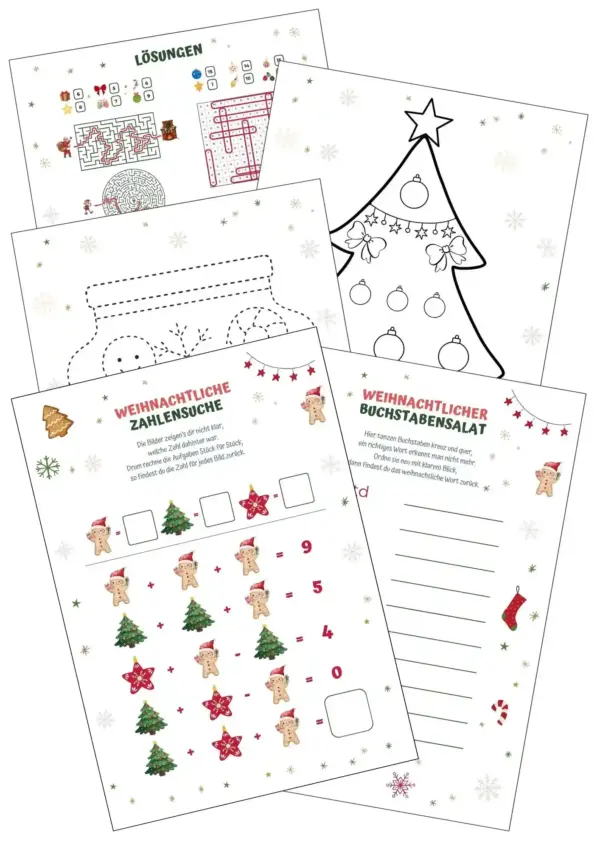 produktuebersicht-weihnachtsraetsel. Ausmalbilder Weihnachten, Lösungszettel, weihnachtlicher Buchstabensalat, Bilder Zahlenrätsel