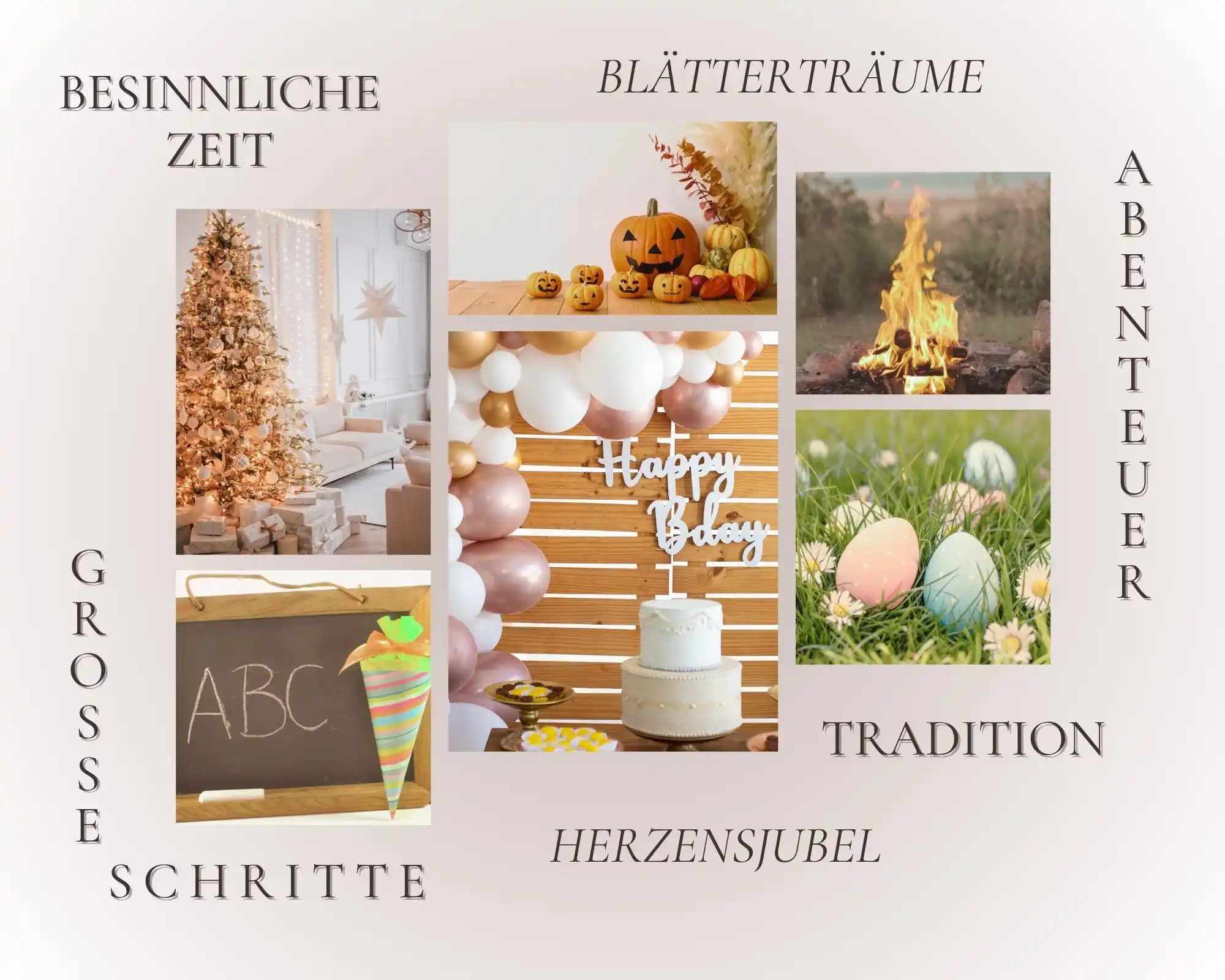 Foto-Collage zu besonderen Anlässen, wie Weihnachten, Einschulung, Geburtstag, Halloween, Outdoor Abenteuer und Ostern. Dazu passende Schlagwörter.