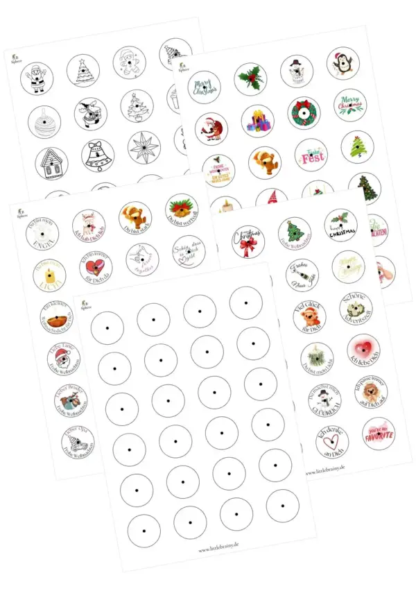 Übersicht der PDF Vorlagen für die Teelichter mit Boschaften. 5 unterschiedliche PDFs mit bunten Vorlagen, weihnchtlichen Ausmalbildern und personalisierten Weihnachtsgrüßen