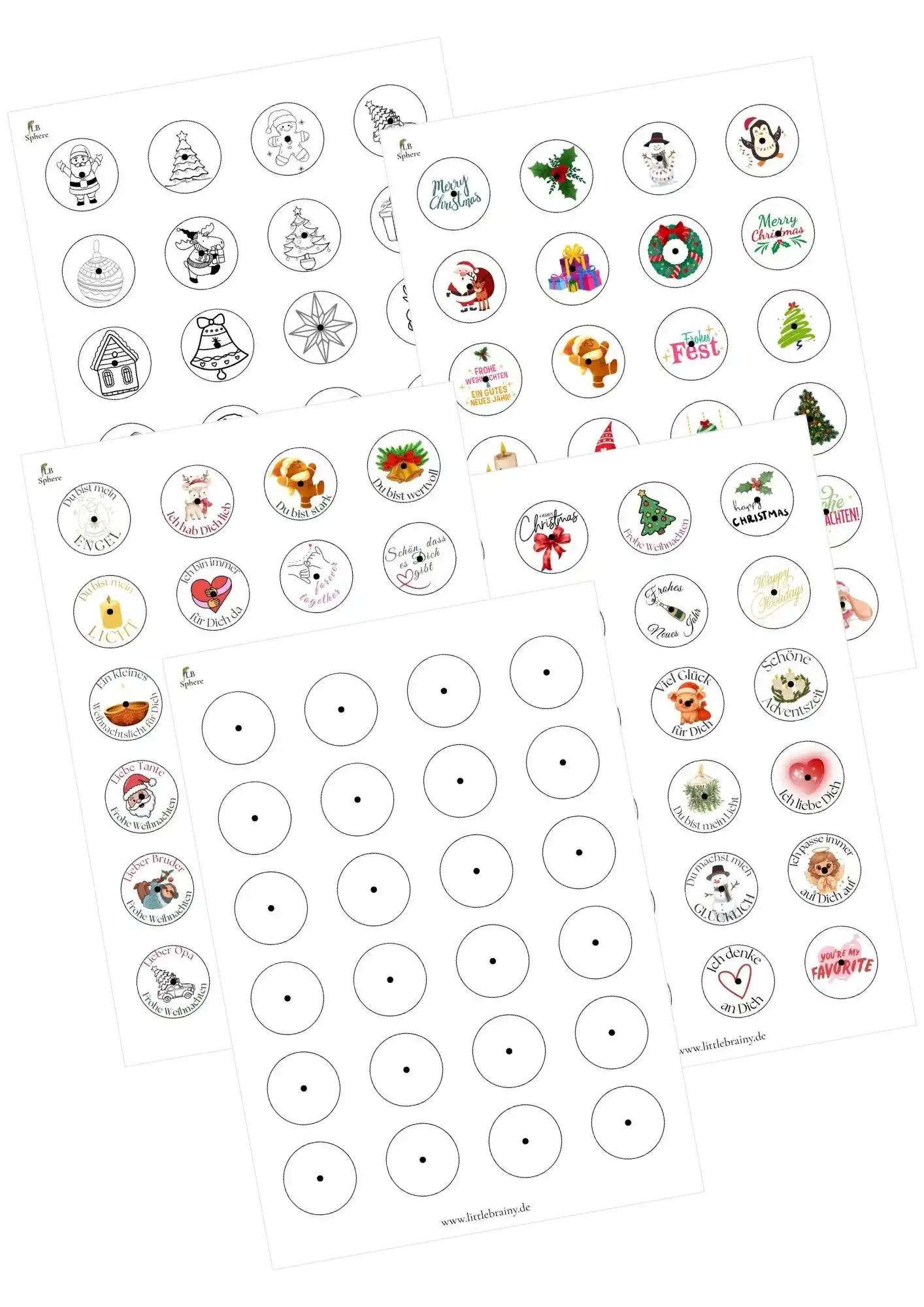 Übersicht der PDF Vorlagen für die Teelichter mit Boschaften. 5 unterschiedliche PDFs mit bunten Vorlagen, weihnchtlichen Ausmalbildern und personalisierten Weihnachtsgrüßen