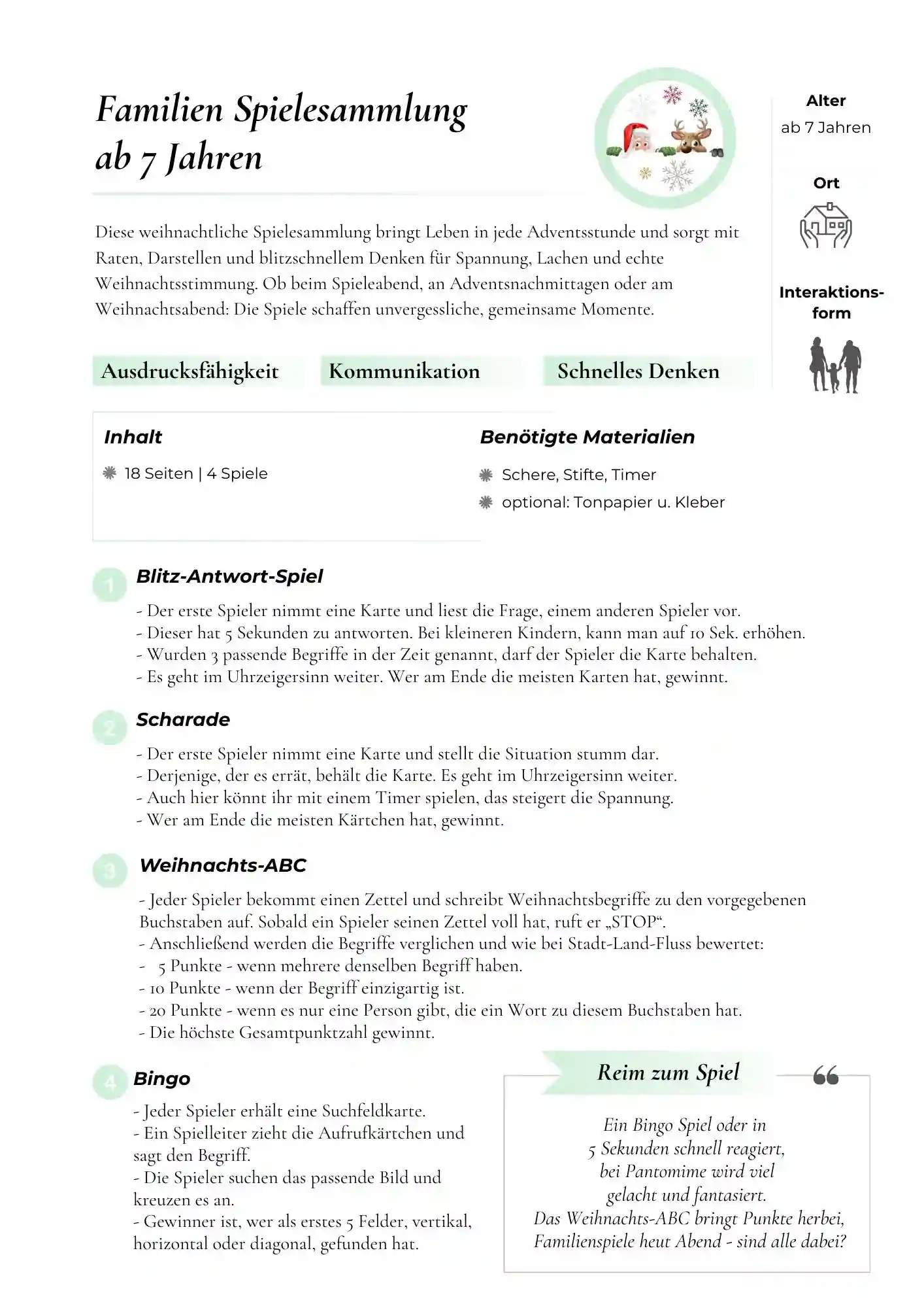 Anleitung Familien Spielesammlung ab 7 Jahre. Weihnachtsspiele