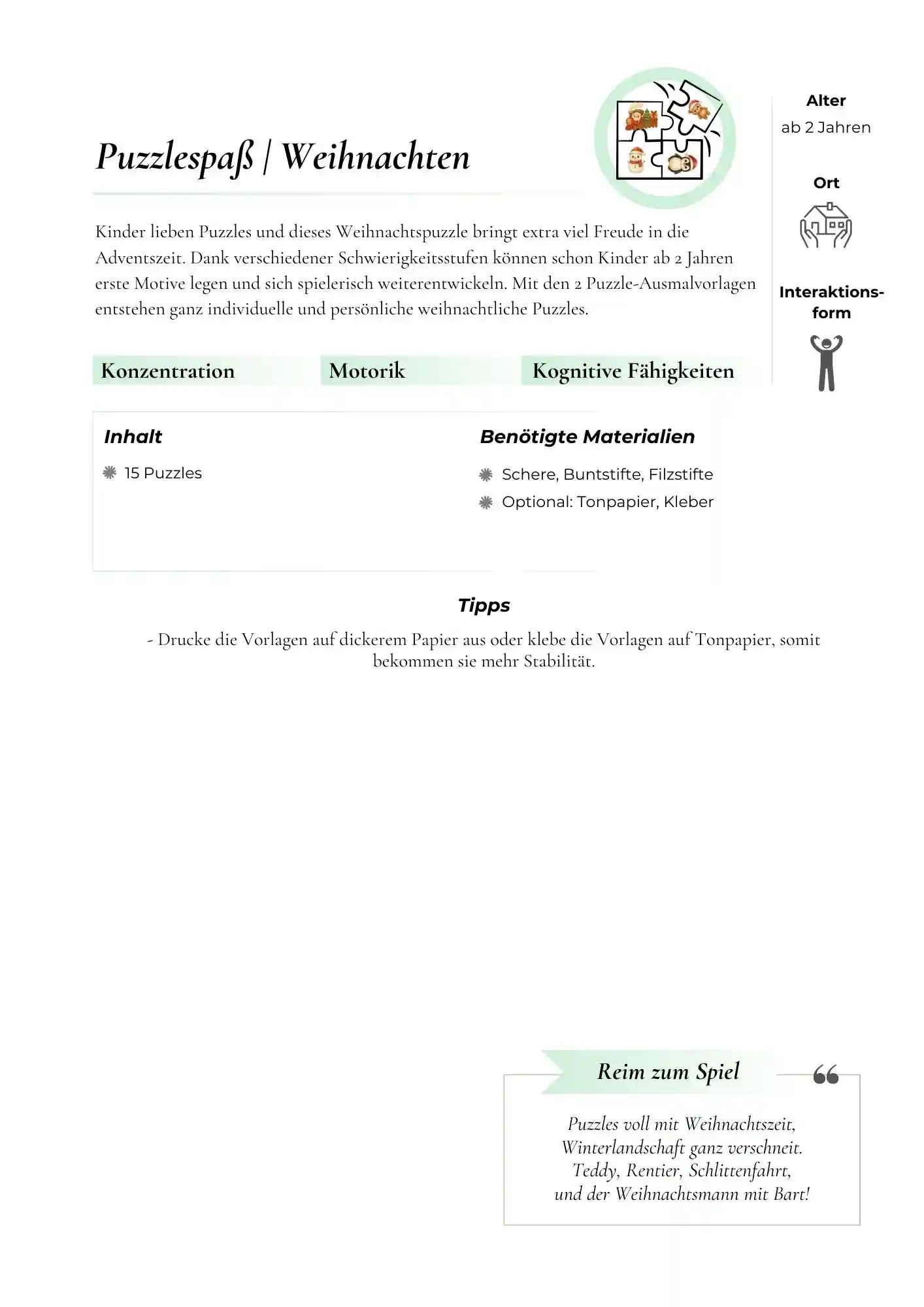 Kurze Anleitung mit Reim zum Produkt Puzzlespaß weihnachten