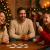 Familie spielt gemütlich ein Ratespiel. Das Haus ist weihnachtlich dekoriert, alle lachen.