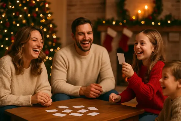 Familie spielt gemütlich ein Ratespiel. Das Haus ist weihnachtlich dekoriert, alle lachen.