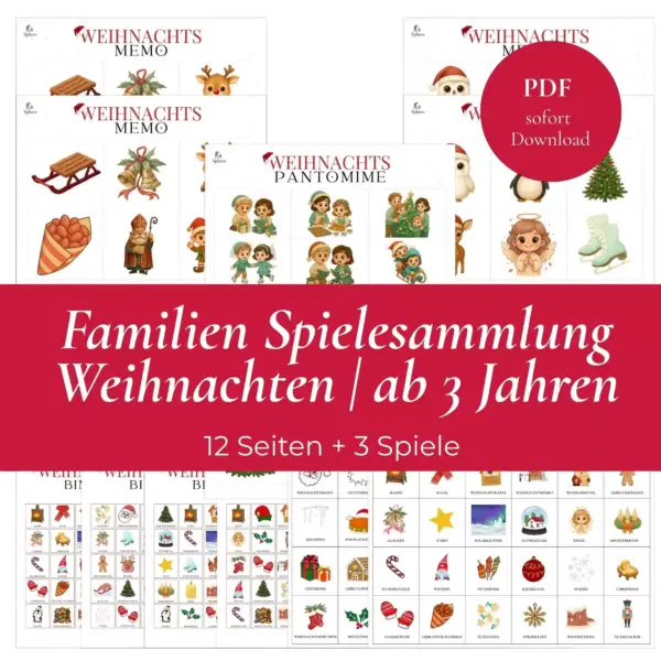 Thumbnail für die Familienspielesammlung ab 3 Jahren. Alle 3 Spielvorlagen werden hier angezeigt. Rote Banderole drumherum mit der Bezeichnung und Hinweis auf PDF Download