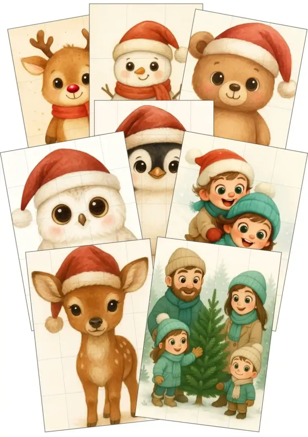 Produktvorschaubild für die Weihnachtspuzzles, schneeeule, rudolph the red nouse, reh mit weihnachtsmütze, pinguin, teddy, schneemann, schlittenfahrende Kinder, familie sucht weihnachtsbaum aus