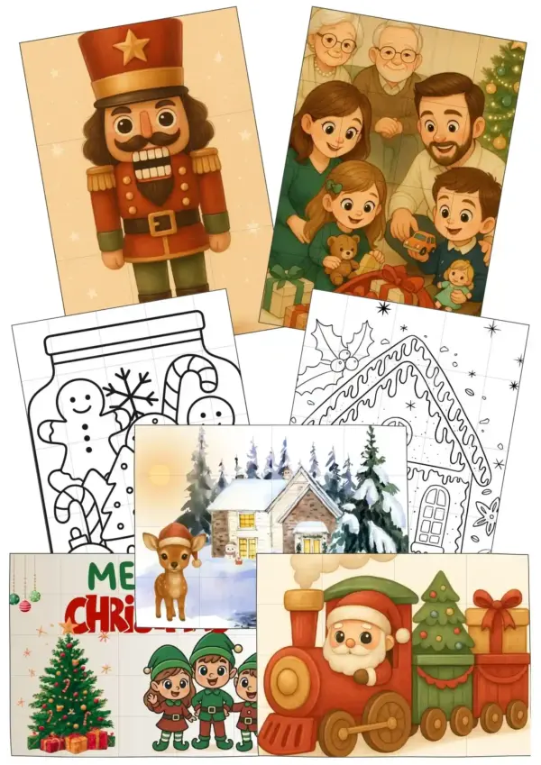 Produktvorschaubild für die Weihnachtspuzzles, nussknacker, weihnachtsabend, ausmalbilder weihnachten, weihnachtszug, verschneite winterlandschaft, merry Christmas grüße