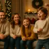 Familie spielt Scharade oder Pantomime. Das Haus ist weihnachtlich dekoriert. Ein kleiner Junge macht eine Situation vor. Alle lachen.