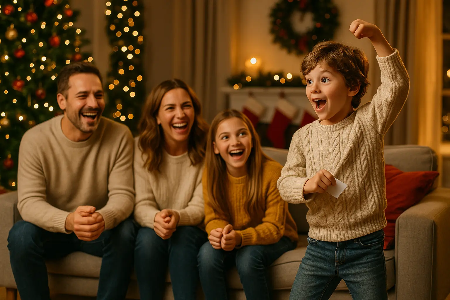 Familie spielt Scharade oder Pantomime. Das Haus ist weihnachtlich dekoriert. Ein kleiner Junge macht eine Situation vor. Alle lachen.