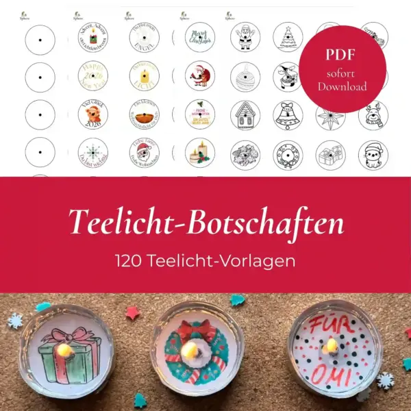 Teelicht-Botschaften Vorschaubild des Artikels. Alle 5 PDF Vorlagen zum Ausdrucken sowie ein echtes Bild mit fertigen Vorlagen.