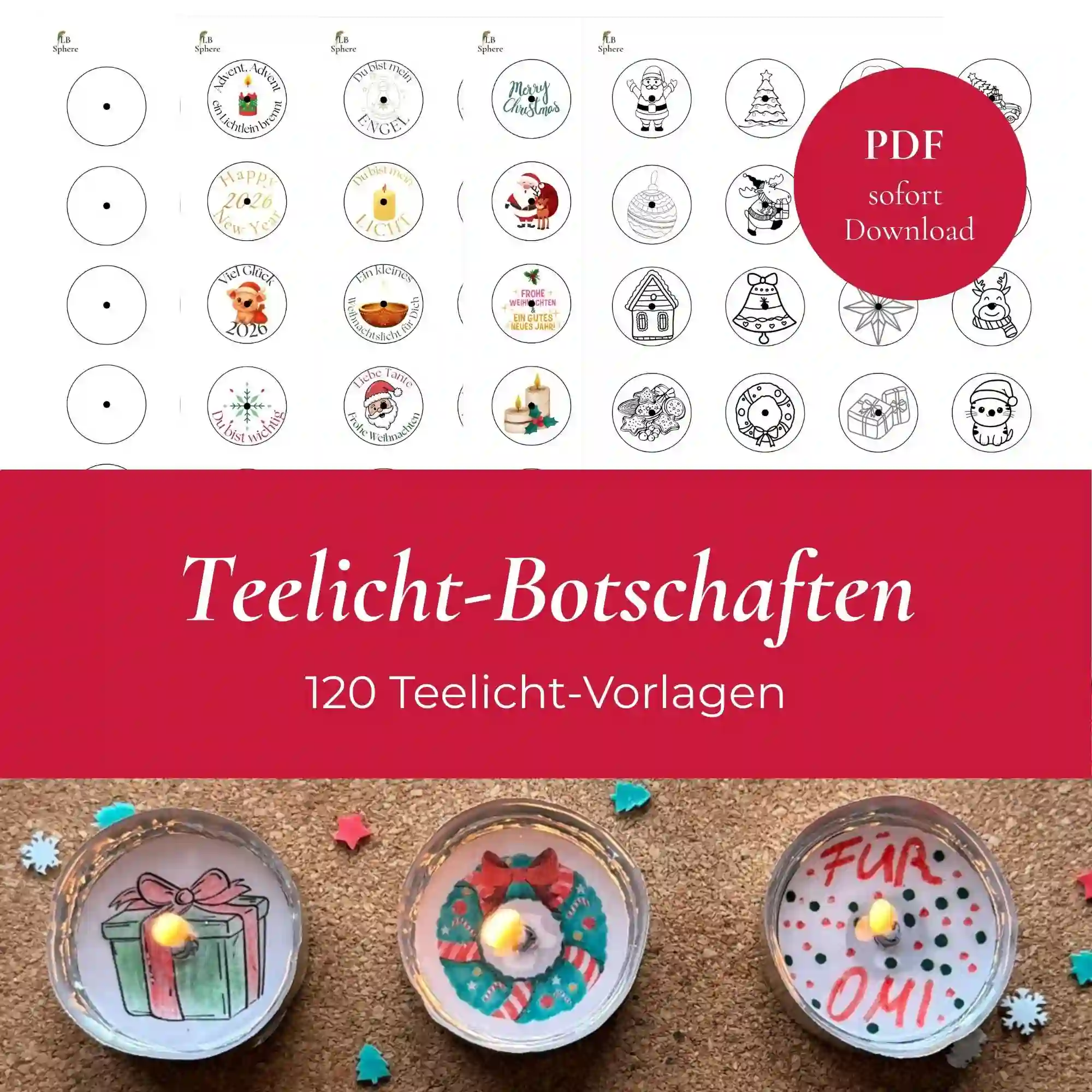 Teelicht-Botschaften Vorschaubild des Artikels. Alle 5 PDF Vorlagen zum Ausdrucken sowie ein echtes Bild mit fertigen Vorlagen.